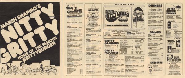 Front cover and interior of a souvenir menu from the Nitty Gritty, a bar and restaurant that is "home of the famous Gritty Burger," with a marching line of food items at the bottom of the front cover and spot illustrations of food offerings and a view of the intersection where the restaurant is located on the menu interior.