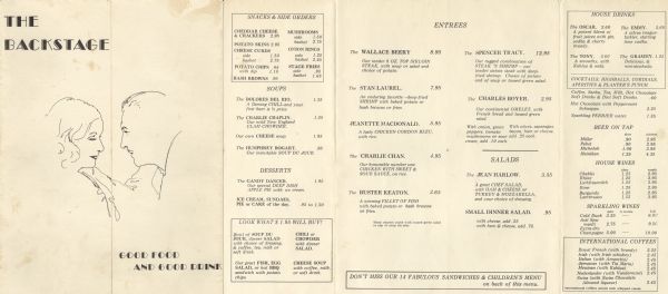 Gate fold front covers and interior of dinner menu from The Backstage, with a line drawing of film actors Greta Garbo and John Gilbert on the front cover panels. 
