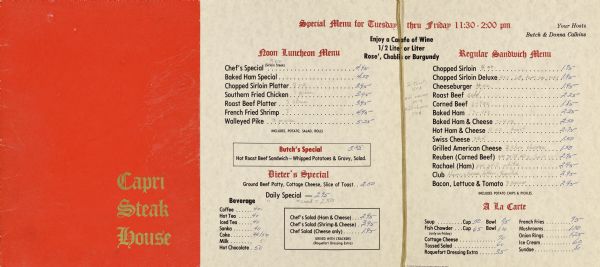 Front cover and interior of a lunch menu from the Capri Steak House, with a red leatherette cover and gold tasselled cord.