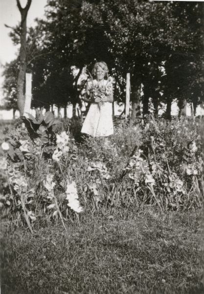 Hazel Marsden, a 12-year old student at Prairie School, holds gladiolus flowers from her garden. There is a tobacco plant growing among the flowers.