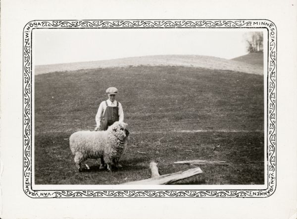 Gilbert Harvey, wearing a cap and bib overalls, standing in an open pasture with the sheep he raised as a 4-H project.