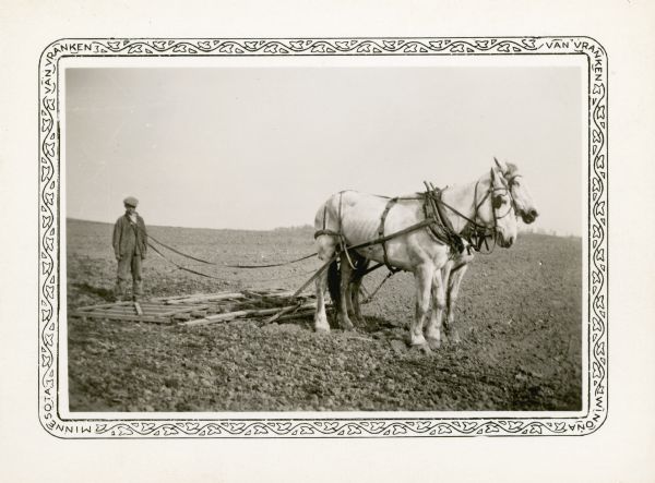 Arthur Stubb, 13, a student at Peck School, "dragging the field before the grain was planted." He poses wearing a cap, jacket and bib overalls, with the reins of a matched team of white horses around his shoulders.