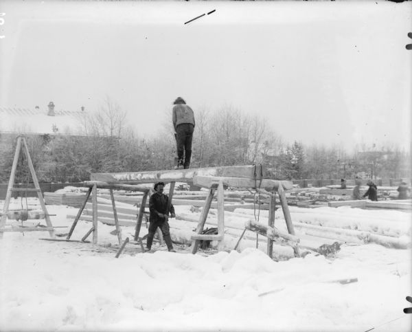 Two men working outdoors using a hand saw to saw a piece of timber. In the background other people are working among stacks of timber. There is a large building in the background on the left, perhaps a barn.