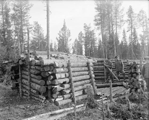 A three inch trench mortar entrenchment, surrounded by piles of logs and barbed wire fence going beyond the log fortification into a forested area. Two soldiers in British uniforms are manning the mortar, with one of them holding a mortar round as if to load it. Another solider in a British uniform with a piece of cloth over his peaked cap is standing just outside the fortification.