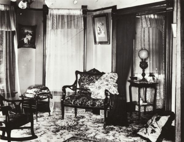 Interior of the Daniel Brown home in Bloomington. Brown was a retail merchant. Mr. Zimmerman was a prominent lawyer, and one-time law partner of R.M La Follette, Sr.