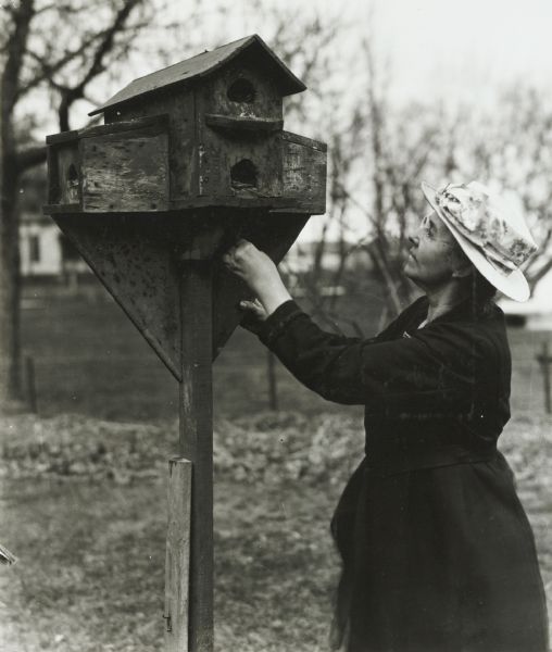 Mrs. Parks examining a birdhouse.