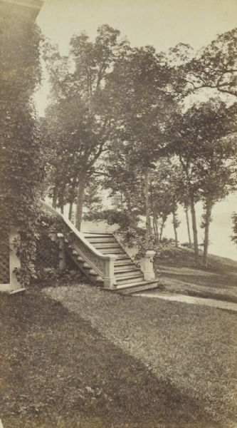 Lakeside entrance exterior stairway of an elaborate residence at Lake Geneva.