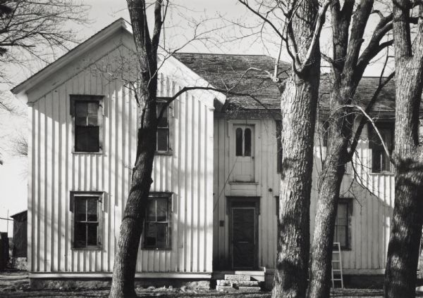 Facade detail of a farmhouse with vertical siding, seen through nearby trees. Photographed on the bottomlands of the Wisconsin River north of Mazomanie.