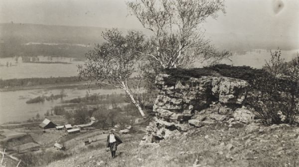 Elevated view of the Mississippi River from a bluff. There is a farm and other houses along the shoreline, and in the foreground a boy stands on the bluff near a tree and rock outcropping.