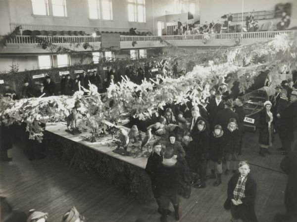 Elevated view of the interior of Armory B, showing tables with displays, visitors, and an orchestra in the balcony at the First Annual Conservation Show. A number of taxidermy animals are on display on tables in the center of the room, and lining the opposite wall are cages with signs for "Beaver," "Blue Fox," and "Do not feed."