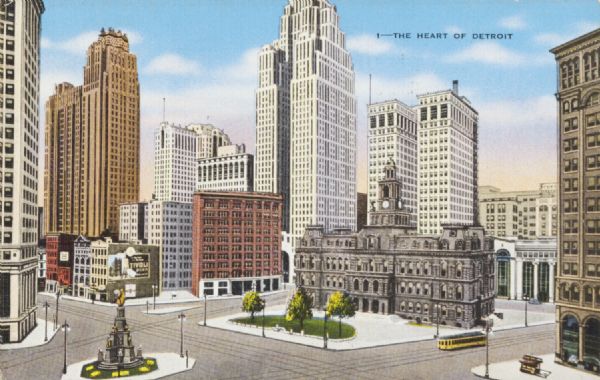 Postcard with retouched photomechanical reproduction, printed in color, of an elevated view of the Campus Martius and surrounding buildings in downtown. Caption reads: "The Heart of Detroit."