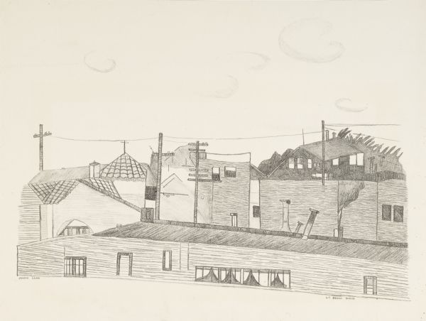 Original lithograph of a view over the forms of rooftops. Title on bottom right reads: "S.F. Beach Scene."