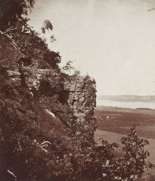 Elevated view of a landscape from the bluffs along the Mississippi River, over Lake Pepin, looking toward Lake City.