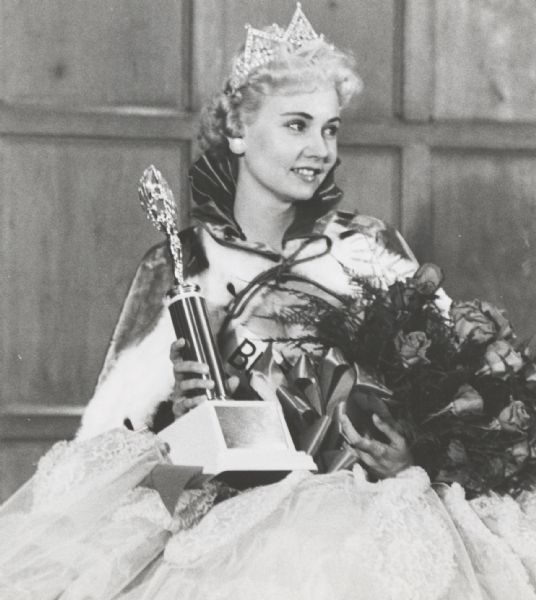 Miss Carmen Shields, 23, Milwaukee entry in the 1958 “Miss Wisconsin” contest, crowned at Pabst Blue Ribbon hall.