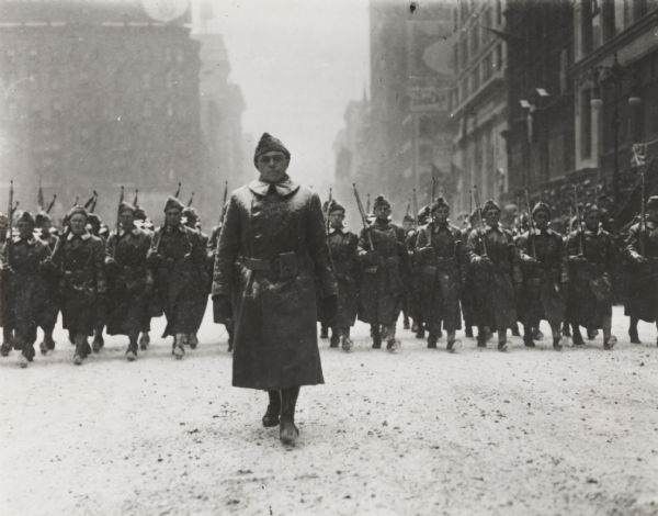 U.S. Army soldiers from Camp Upton, where they were undergoing training, marching in Washington's Birthday parade on Fifth Avenue, New York.