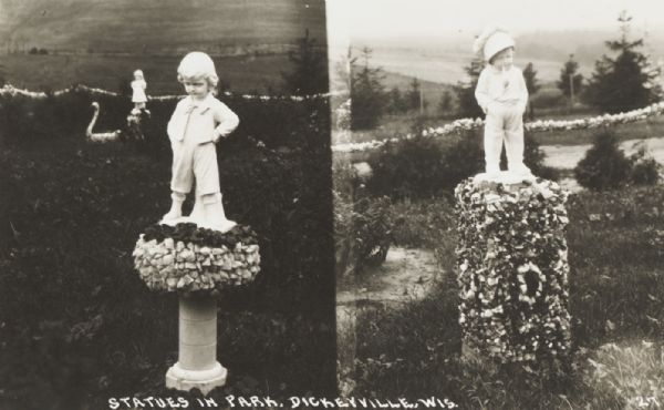 Two views of two small statues on the grounds of the Holy Ghost Church. The bases on which these statues stand are encrusted with shells, bits of glass, small stones, shards and such fragments. They are adjacent to the “Grotto” decorated in the same manner, well-known as an example of eccentric “folk art.” Caption reads: "Statues in Park, Dickeyville, Wis."