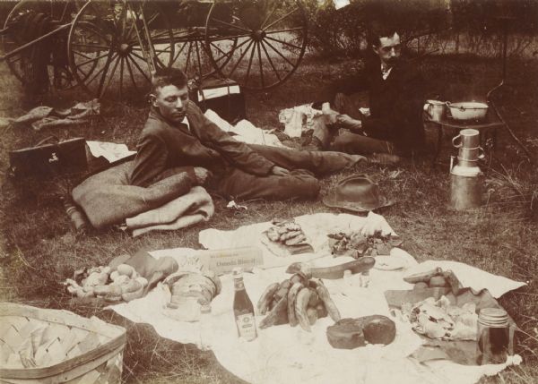 Two unidentified men at a picnic spread on the grass.