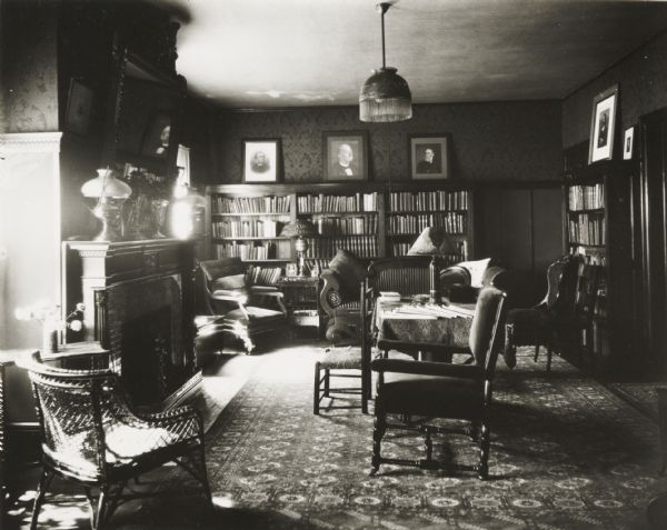 Interior of the living room or library in the residence of Professor Richard Ely, on Prospect Street.