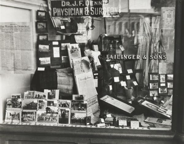 Display of historical memorabilia in the store window of C. Failinger & Sons.