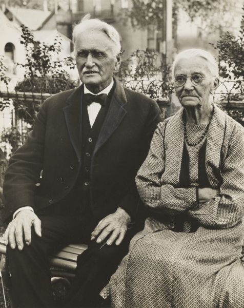 Informal double portrait of Mr. and Mrs. C.J. Jones, 81 and 80, respectively at the time of their 60th wedding anniversary. Mr. and Mrs. Jones were both born in Germany and were married at Iron Ridge.
