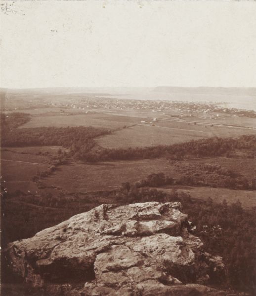 Elevated view from bluffs, looking north-east toward Lake City, Minnesota and Lake Pepin of the Mississippi River.
