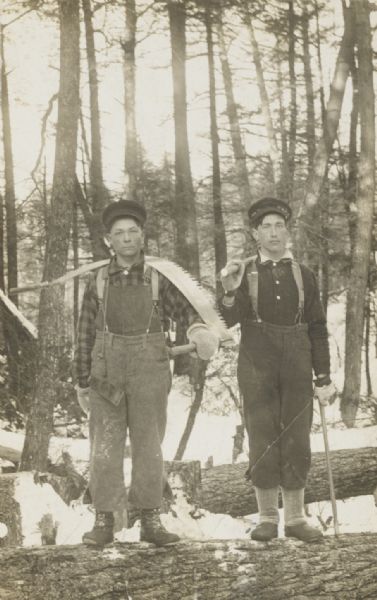 Two timber sawyers standing posed with their tools in a forest. Both men wear heavy mittens, and the man on the left is carrying a saw across his left shoulder.