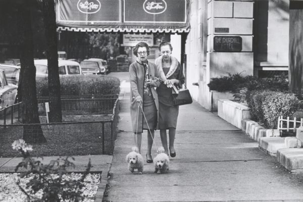 Two women, one walking a pair of toy poodle dogs, on a sidewalk in front of the Churchill Hotel.