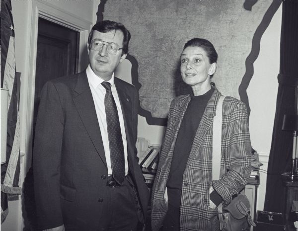 Actress Audrey Hepburn, then a representative of UNICEF, visiting  Wisconsin Congressman David R. Obey in his office. She was in Washington to testify on behalf of UNICEF before the Foreign Operations Subcommittee which Obey headed.