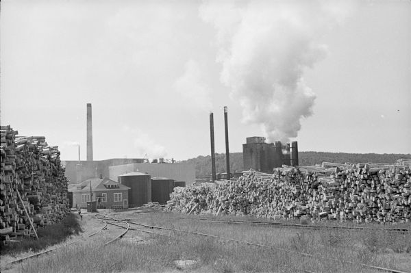 An unidentified papermill in northern Wisconsin used as the backdrop for a publicity photo shoot during Congressman David R. Obey's first re-election campaign. Large piles of logs await the pulping process.