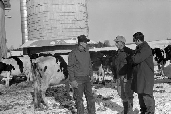 David R. Obey posed with dairy farmers as part of a photo shoot for his first campaign for Congress. The farmer in the center is Laurence Day, a farmer-State Legislator. The photograph was taken on Day's Marathon County farm.