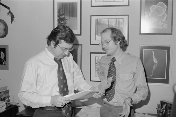 Congressman David R. Obey in his congressional office with Legislative Aide Scott Lilly.