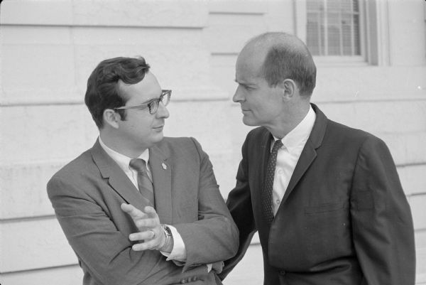 Congressman David R. Obey and Senator William Proxmire outside the Capitol building in Washington, D.C. The photograph was taken for use in the campaign literature of Congressman Obey who was running for his first reelection after winning the seat in a special election in 1969.