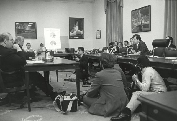 Secretary of State George Schultz during the Reagan Administration (second from the left) testifying before the Foreign Operations Subcommittee. Leaning forward to question him is Wisconsin Congressman David Obey, chair of the subcommittee.