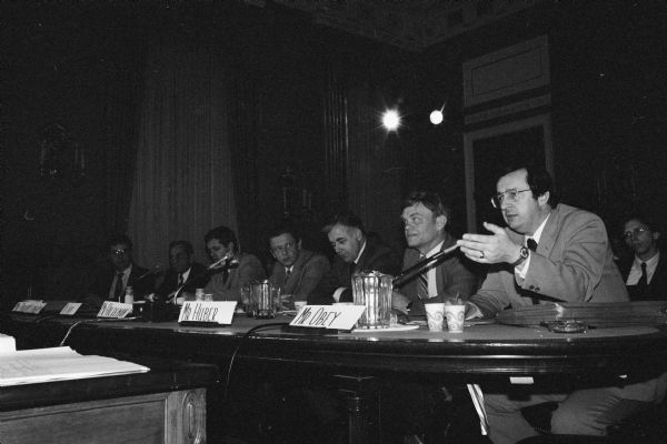 Wisconsin Congressman David R. Obey (right) speaking on behalf of Wisconsin dairy interests to the Dairy Subcommittee of the House Agriculture Committee along with Stewart Huber, President of the Farmers Union Milk Marketing Cooperative, Don Haldeman, President of the Wisconsin Farm Bureau, and Steve Pavich, president of the Wisconsin National Farmers Organization.