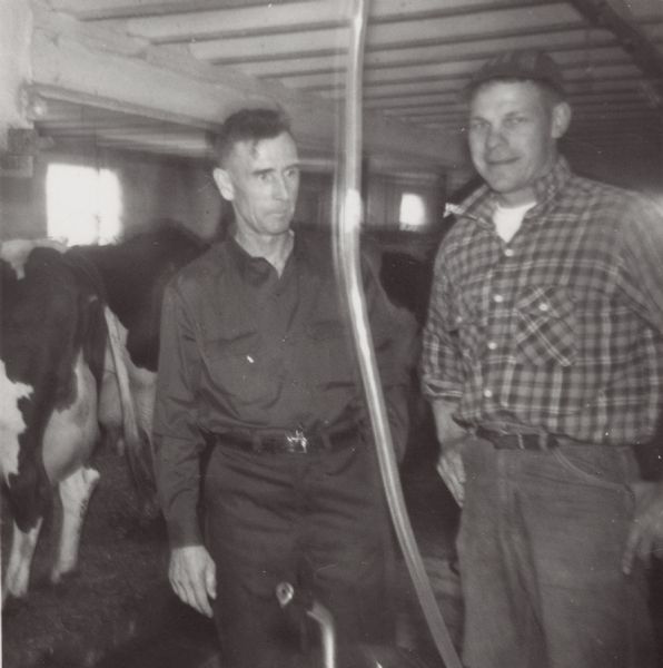 Laurence J. Day (left) on his farm. Day represented part of Marathon County in the Wisconsin Assembly during the 1970s. At one time such part time legislators were common. The man with Day has not been identified.