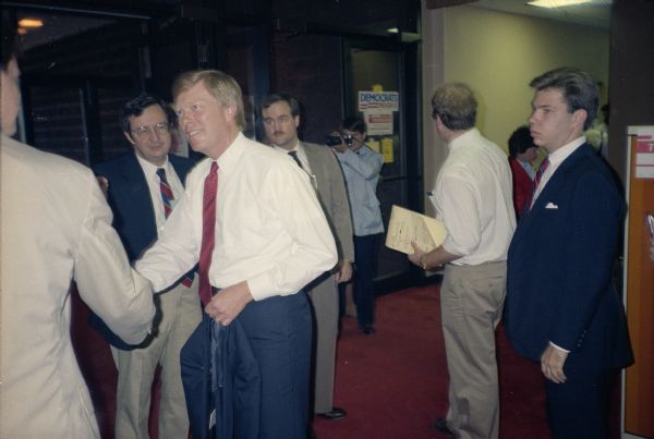 Dick Gephardt testing the support for his presidential candidacy at the Wisconsin Democratic convention. With him is Congressman David R. Obey of Wisconsin.