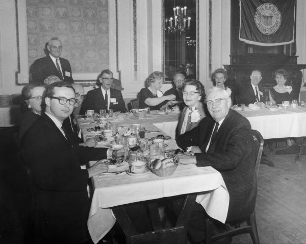 Congressman David R. Obey of Wisconsin (left) at a convention in Wausau sponsored by the National Association of Civil Employees. Although undated, the photograph was taken during the early 1970s. Support for the concerns of the elderly was a hallmark of Obey's long tenure in Congress.