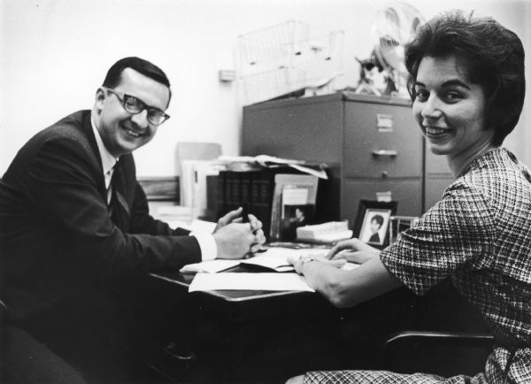 Assemblyman David Obey and his wife Joan in his office in the Wisconsin Capitol. Joan Obey was an important factor in Obey's political success and when his portrait was hung in the House Appropriations Committee Chamber she was included in the picture.