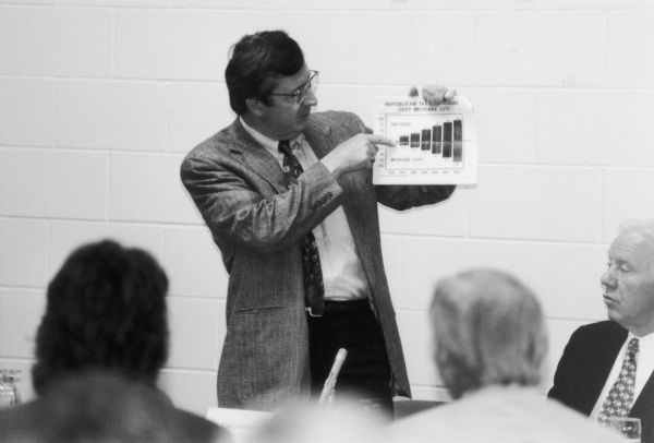 During the 1990s Congressman David R. Obey, a leading proponent of health care reform, held numerous forums on the subject in his northern Wisconsin district. Here at a forum in Superior he used a chart to illustrate proposed changes to Medicare.