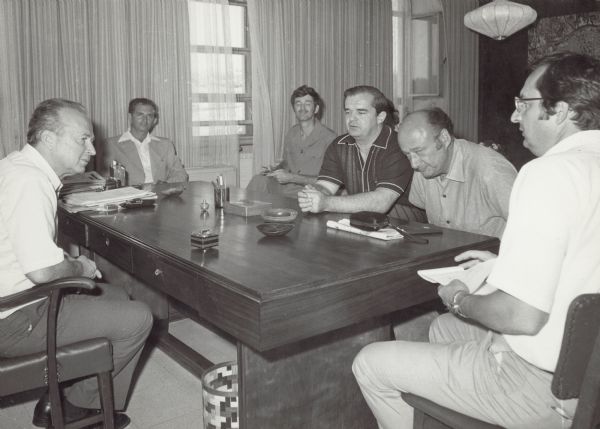 Wisconsin Congressman David Obey (far right) and Congressmen Edward Koch and Congressman Joseph Early meeting with Israeli Prime Minister Yitzhak Rabin, in Israel.