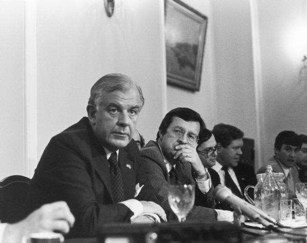 Wisconsin Congressman David R. Obey (chin in hand) ponders a remark during a meeting of House of Representative leaders with their Soviet equivalents in Moscow. Seated to Obey's right is Thomas Foley, the speaker of the House.