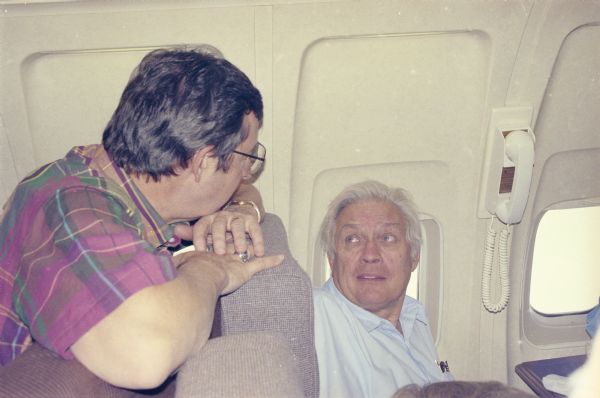 Wisconsin was well represented on a congressional leadership trip to the Persian Gulf in 1991. Here Congressman David Obey (in plaid shirt) leans over the seat to chat with Congressman Robert Kastenmeier. Congressman Kastenmeier unexpectedly lost his seat to Congressman Scott Klug in the 1990 election.