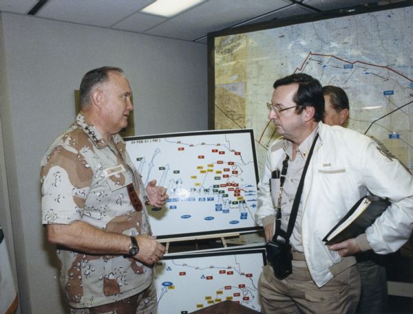 Congressman David Obey was part of a delegation that visited the Middle East during the Persian Gulf War. This photograph was taken following a briefing by General Norman Schwartzkopf.