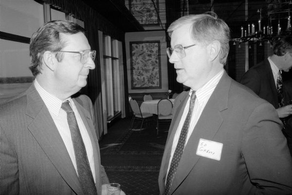 Congressman David R. Obey with Edward R. Garvey during a fundraiser for Obey at the Madison Club in Madison. Garvey was the executive director of the National Football League Players Association and he ran unsuccessfully as the Democratic candidate for the Senate in 1986 and for Governor in 1988.