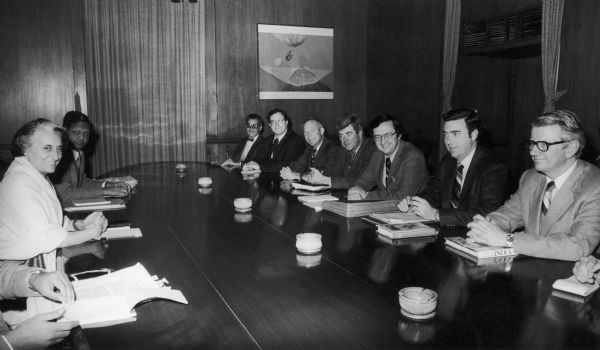 A delegation of congressional leaders meeting with Prime Minister Indira Gandhi of India.  They are (right to left) Jack Hightower, Matt McHugh, David R. Obey of Wisconsin, Pete McCloskey, Joel Pritchard, David Emery, and Robeert Goheen, the U.S. ambassador to India. The congressmen were on a fact-finding tour that also included Pakistan and Saudi Arabia.