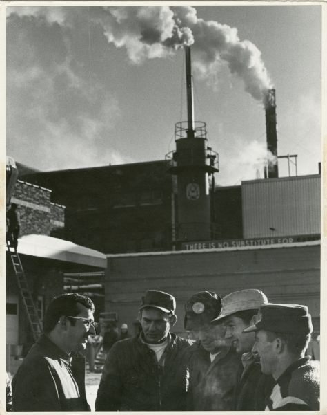 David R. Obey speaks with factory workers at Wausau Paper Mill during his first campaign for Congress.