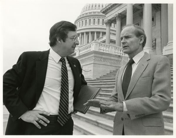 Congressman David R. Obey and Senator William Proxmire outside the Capitol building in Washington, D.C.