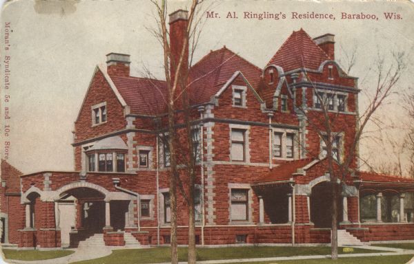 Colorized postcard view of the exterior of the Ringling Mansion. Caption reads: "Mr. Al. Ringling's Residence, Baraboo, Wis."
