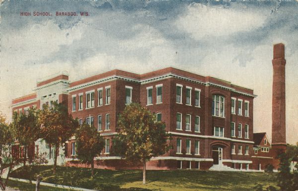 Colorized postcard view of the high school. Caption reads: "High School, Baraboo, Wis."
