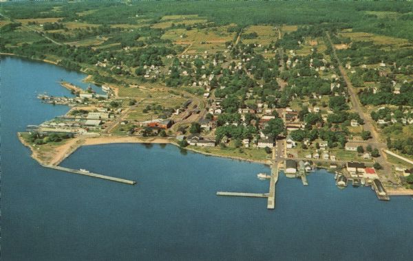 Aerial view of Bayfield and its harbor.